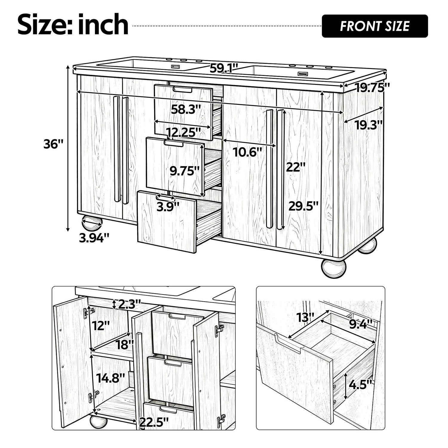 Double Sink Bathroom Vanity With Sinks, Soft Close Doors &amp; 3 Drawers - Wood