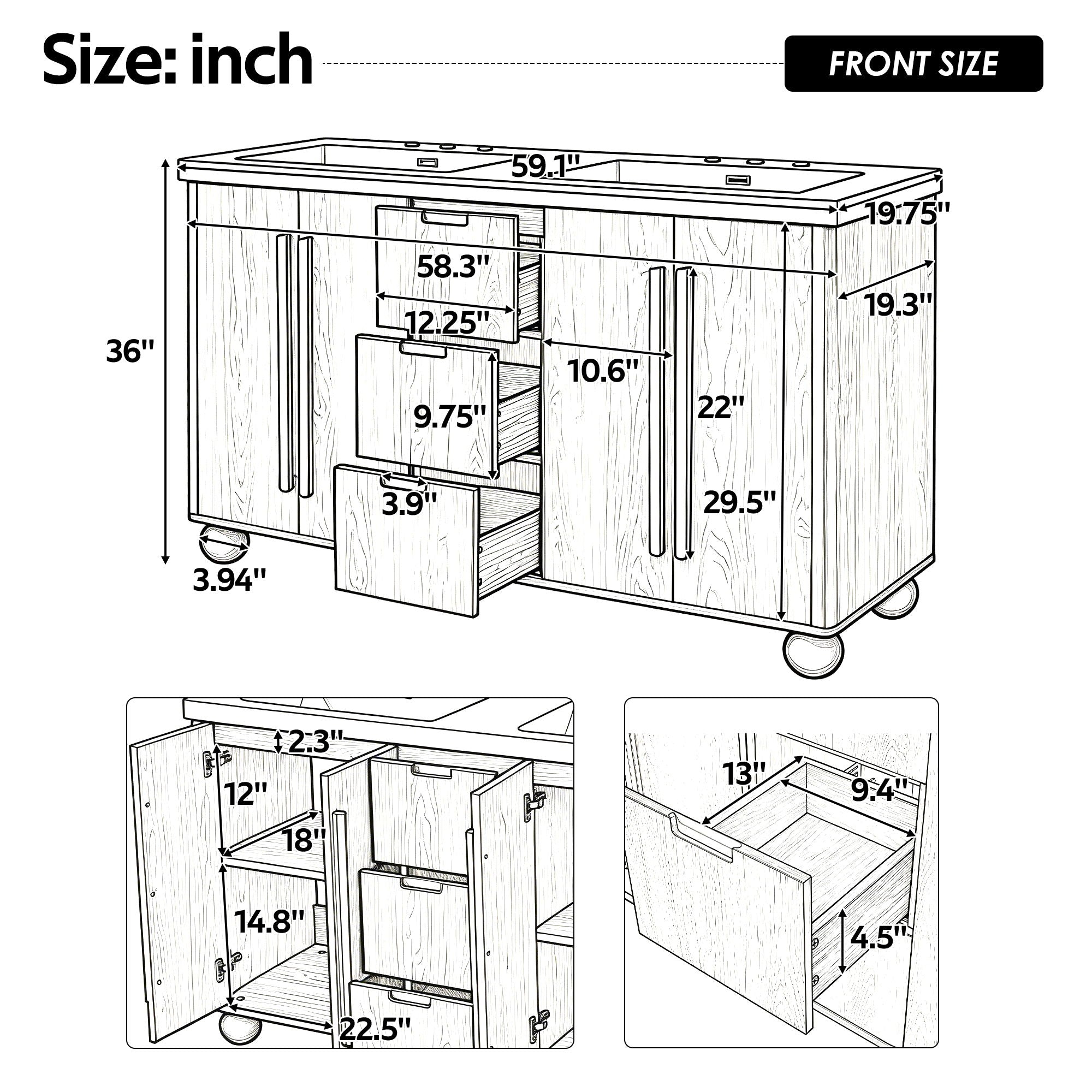 Double Sink Bathroom Vanity With Sinks, Soft Close Doors &amp; 3 Drawers - Wood