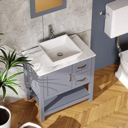 30&quot; Gray Bathroom Vanity And Sink Combo Marble Pattern Top With Mirror Faucet &amp; Drain - Gray