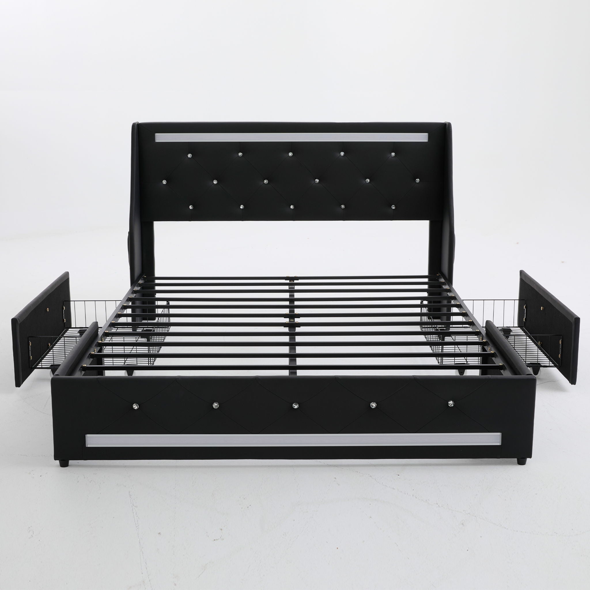 Wingback Upholstered Bed Frame With LED Lights, Charging Station