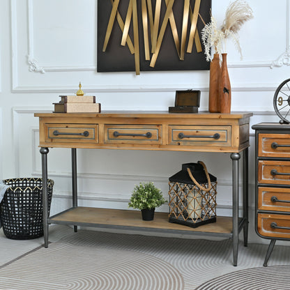 Accent Storage Console Table With Open Shelf And 3 Drawers For Living Room - Natural Wood / Brown