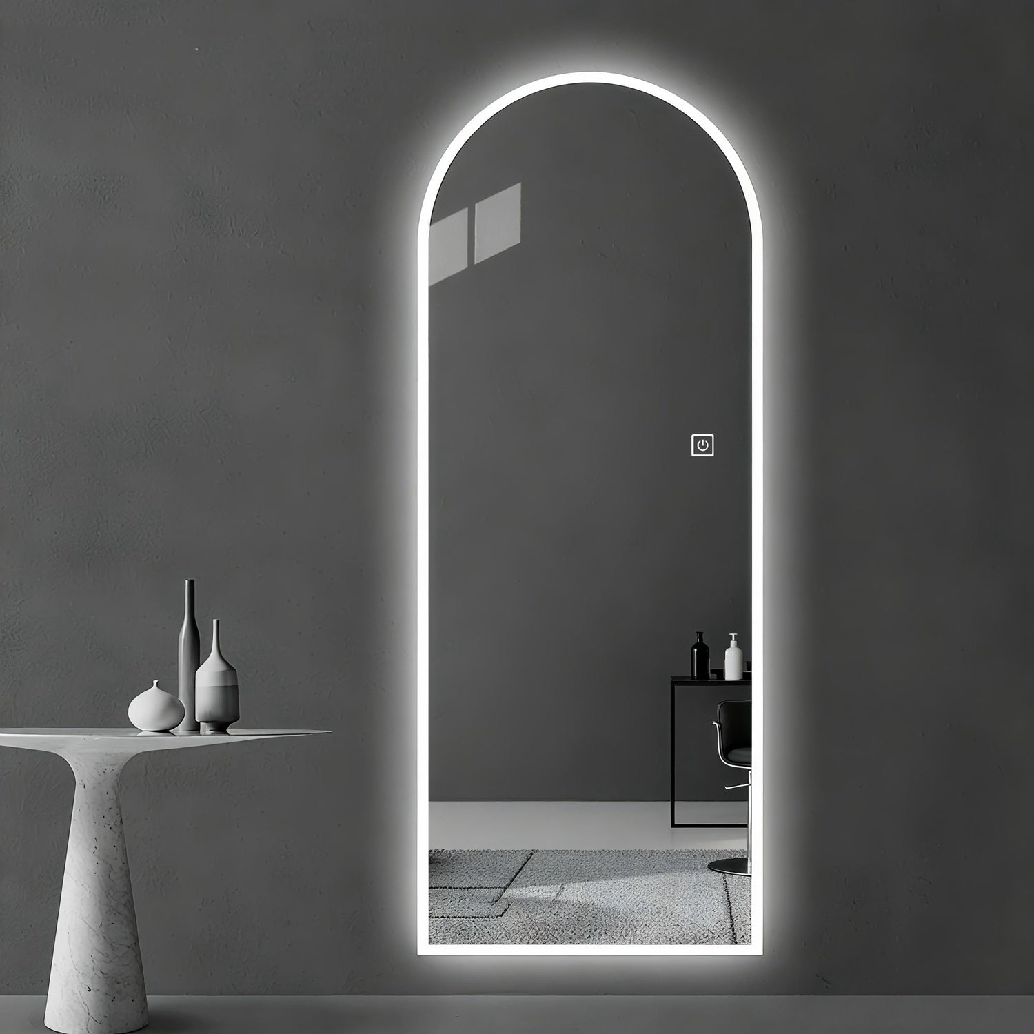 LED Full Length Wall Mirror With Symmetrical Arch Design, Dimmable 3 Color Temperature Lighting - Silver