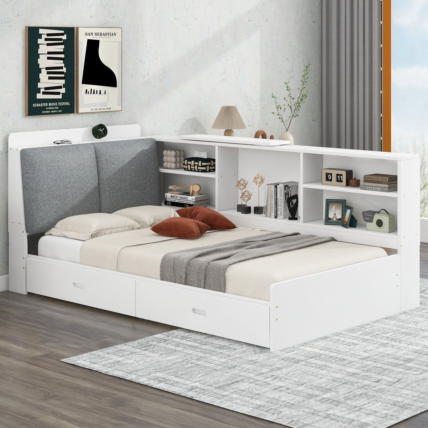 Platform Bed With Storage Headboard, Shelves And 2 Drawers
