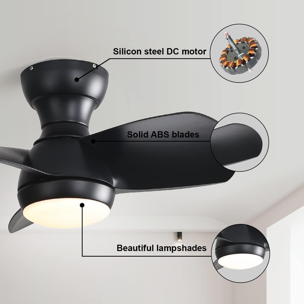 23&quot; Bedroom Ceiling Fan With 3 Color Dimmable 3 ABS Blades Remote Control Dc Motor Black With 18W Led Light