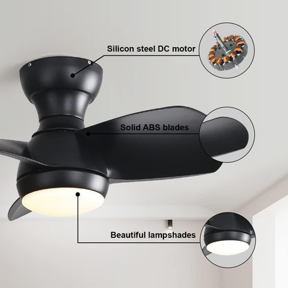23&quot; Bedroom Ceiling Fan With 3 Color Dimmable 3 ABS Blades Remote Control Dc Motor Black With 18W Led Light