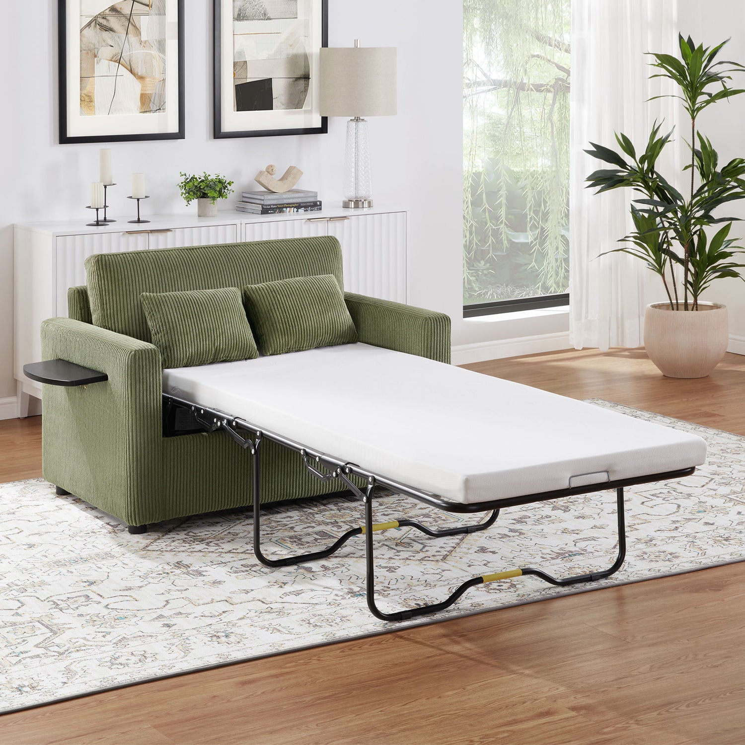 Sleeper Sofa With Foldable Mattress, USB Ports, Side Table &amp; Storage Pocket