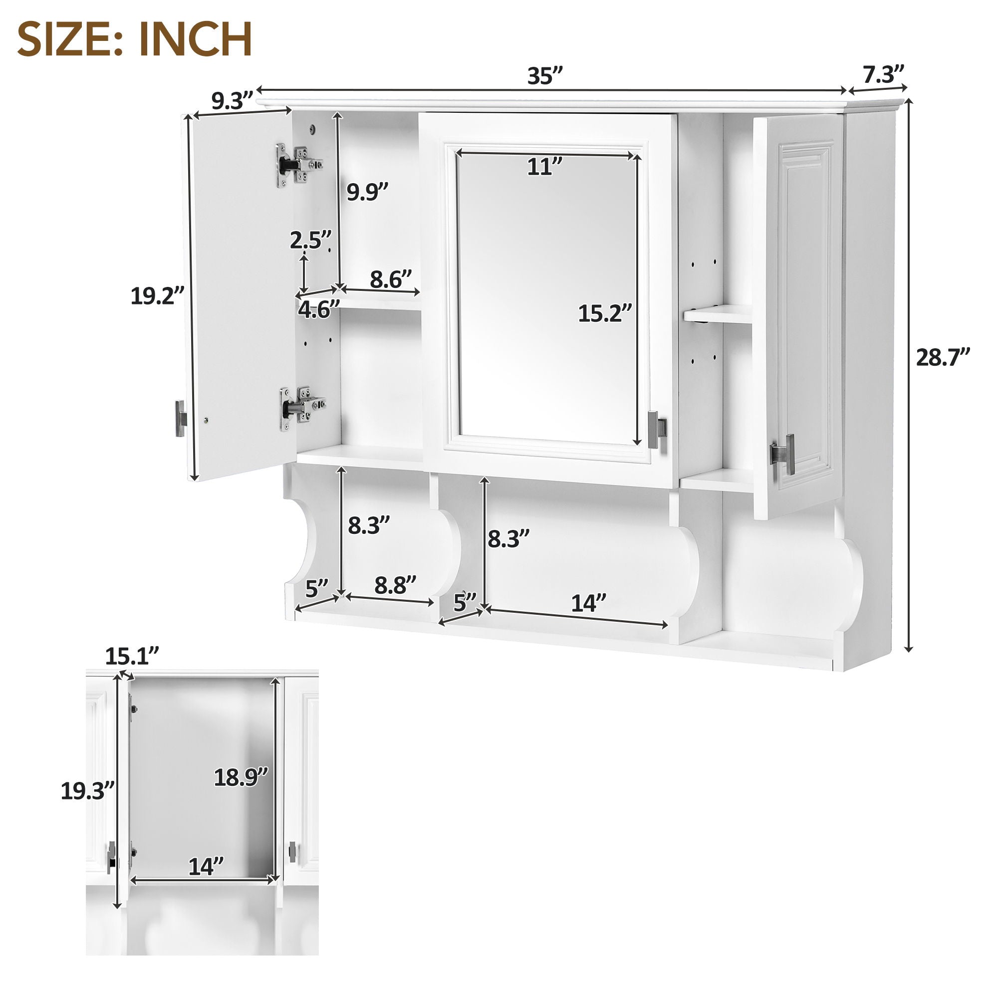 Wall Mounted Bathroom Medicine Wall Cabinet With Mirror &amp; Open Shelves