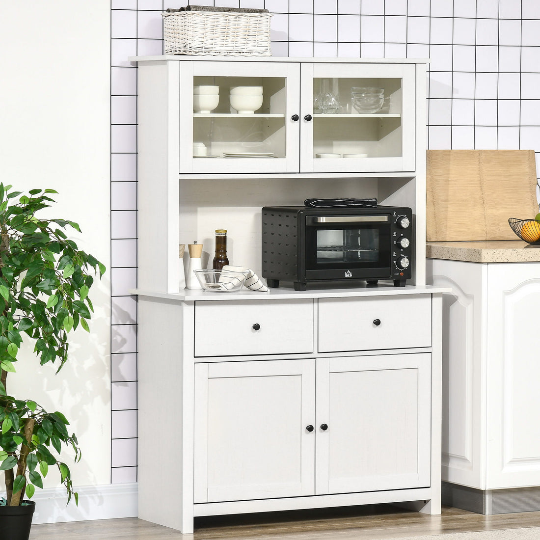 Homcom - 63.5&quot; Kitchen Buffet With Hutch, Pantry Storage Cabinet With 4 Shelves, Drawers, Framed Glass Doors, Open Microwave Countertop - Antique White