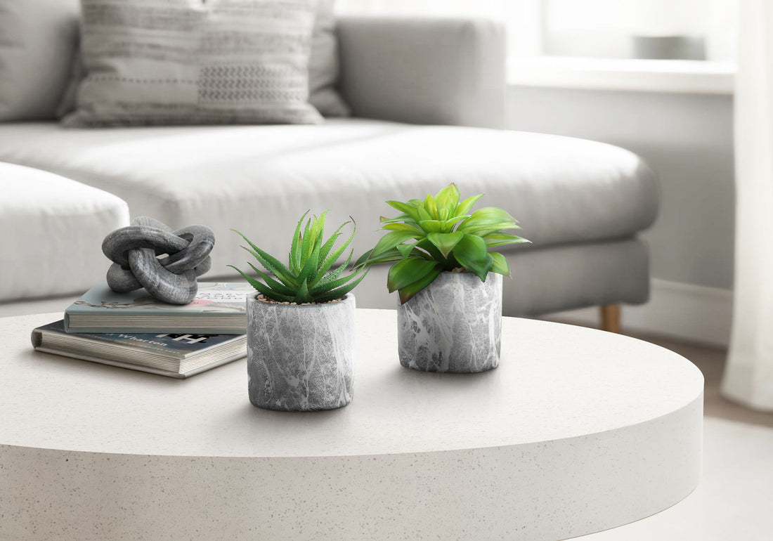 6&quot; Tall, Artificial Plant, Succulent, Indoor, Faux, Fake, Table, Greenery, Potted, Decorative (Set of 2) - Green / Gray