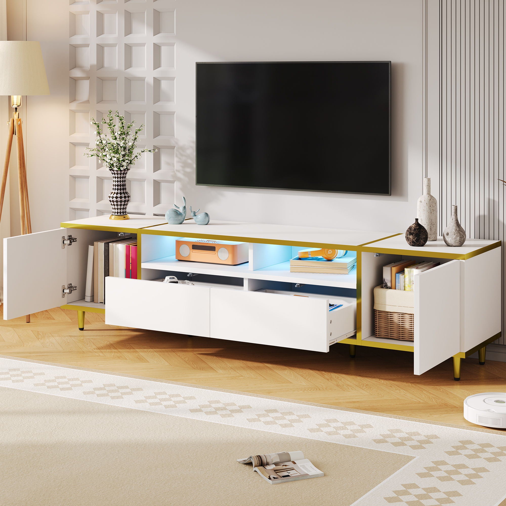 TV Stand For TVs Up To 80", Entertainment Center With 2 Shelves And LED Lights