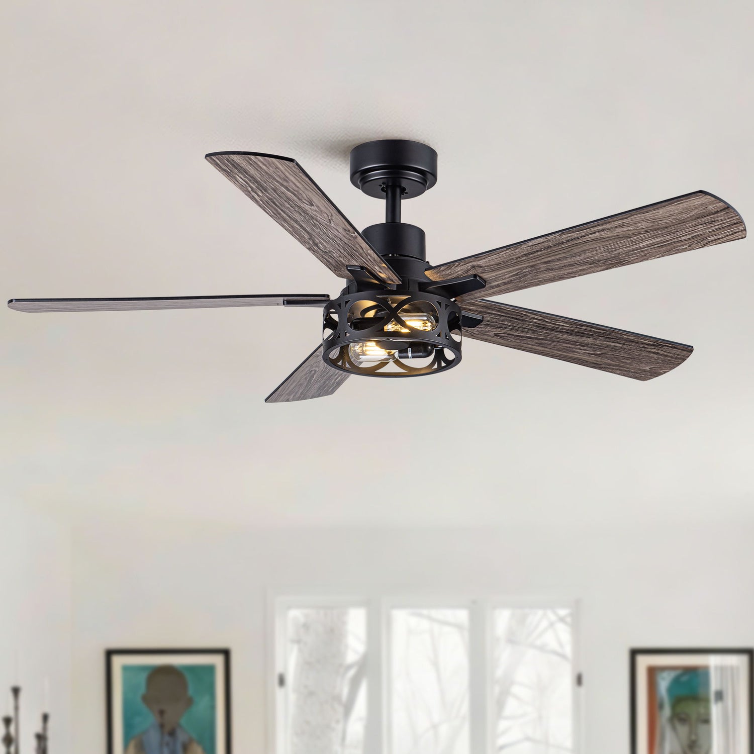 Ceiling Fan With Light, Dual‑Sided Matte Black &amp; Wood Grain Blades - Black