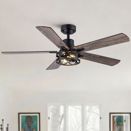 Ceiling Fan With Light, Dual‑Sided Matte Black &amp; Wood Grain Blades - Black