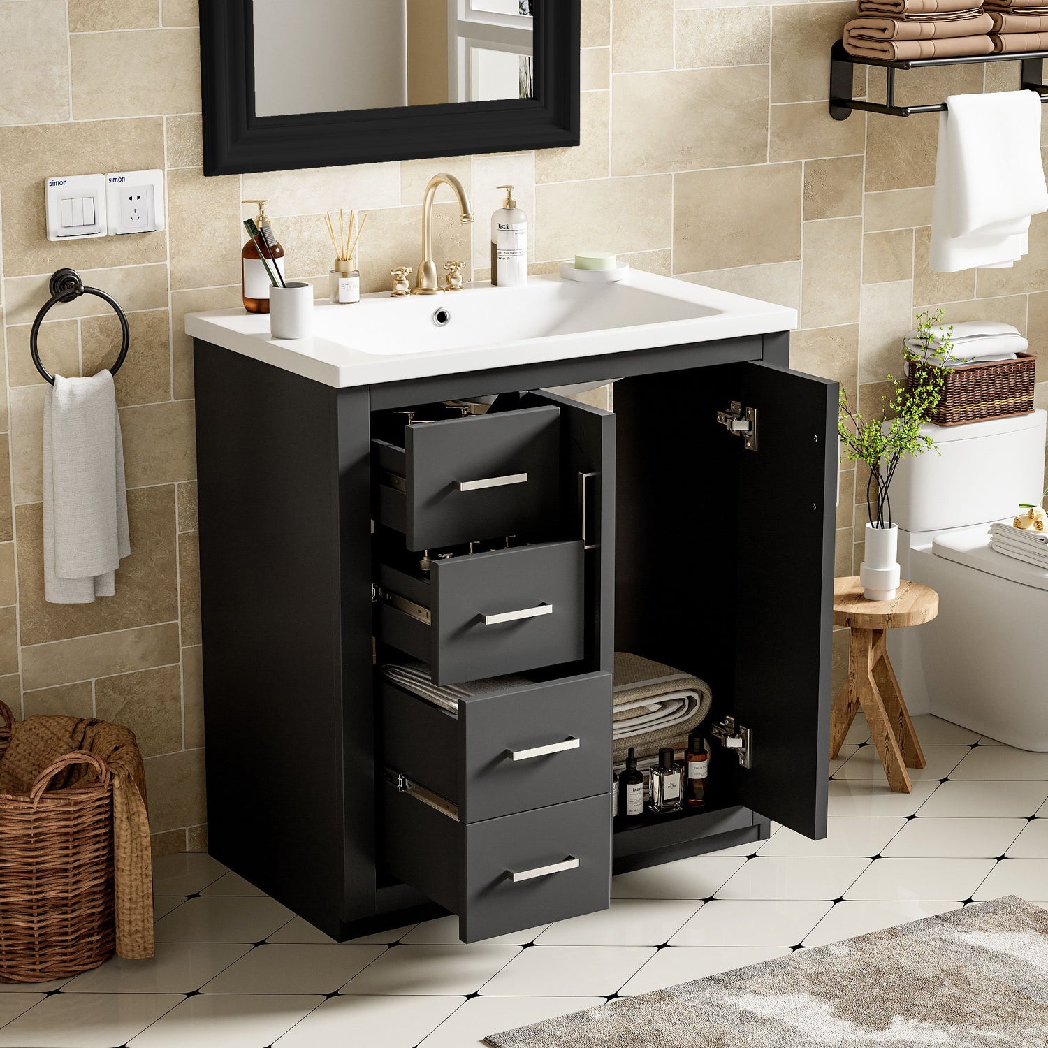 Ceramic Sink Combo, Freestanding Vanity Set With 3 Drawers &amp; Soft Closing Doors