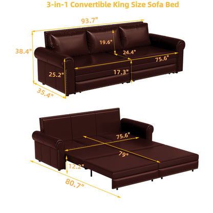 3 In 1 Convertible Sleeper Sofa With Nailhead Trim &amp; Rolled Arm