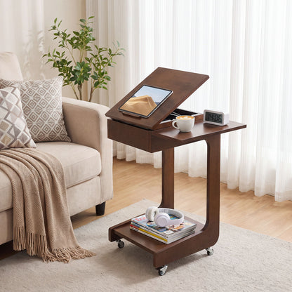 C - Shaped End Table, Rolling With 360° Adjustable &amp; Foldable Desktop, Couch Table With Laptop Stand For Living Room - Walnut