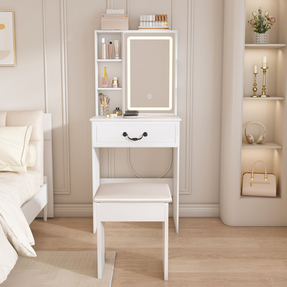 Modern Mini Dressing Table With Led-Lit Mirror &amp; Hidden Storage, Adjustable Brightness Vanity Desk - White
