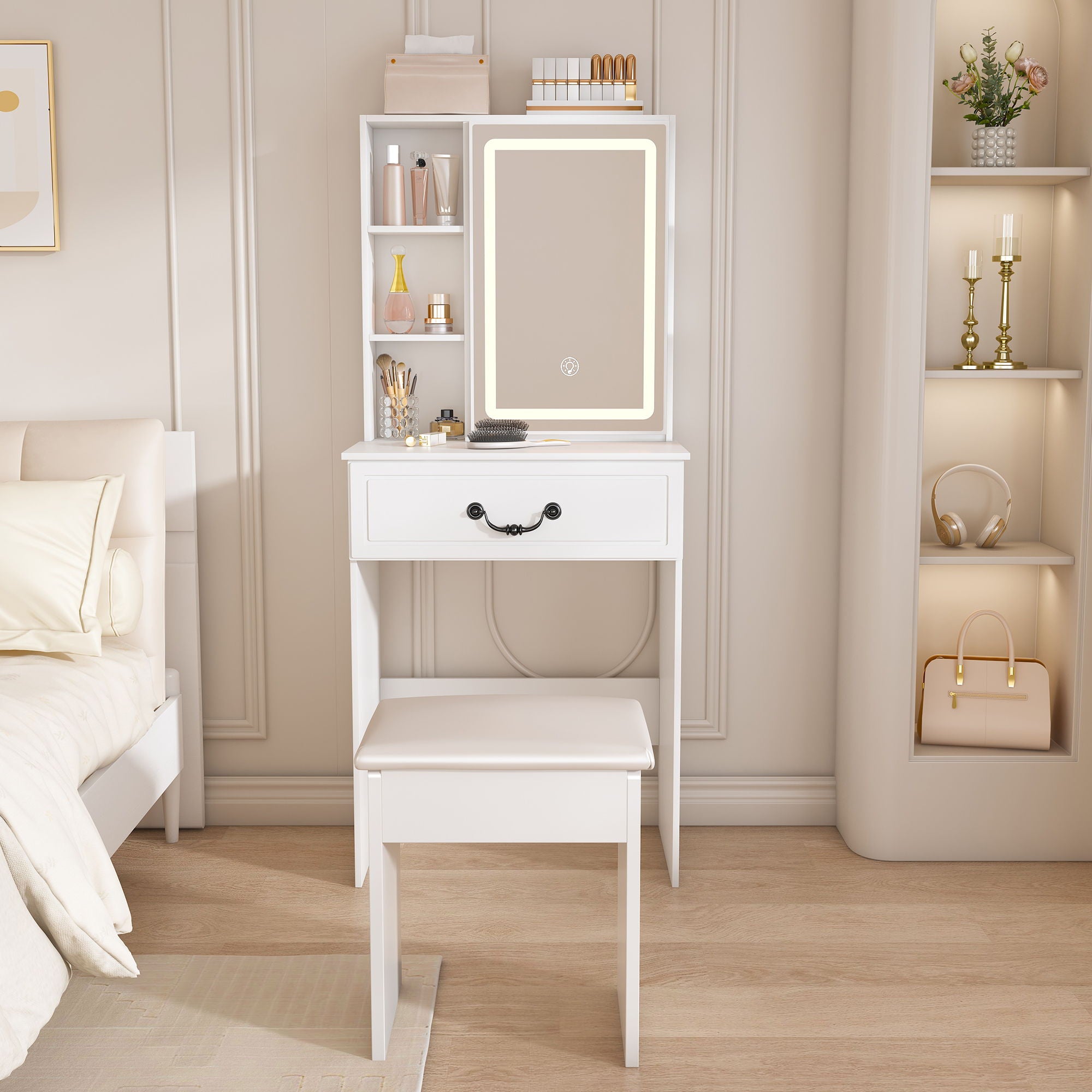 Modern Mini Dressing Table With Led-Lit Mirror &amp; Hidden Storage, Adjustable Brightness Vanity Desk - White