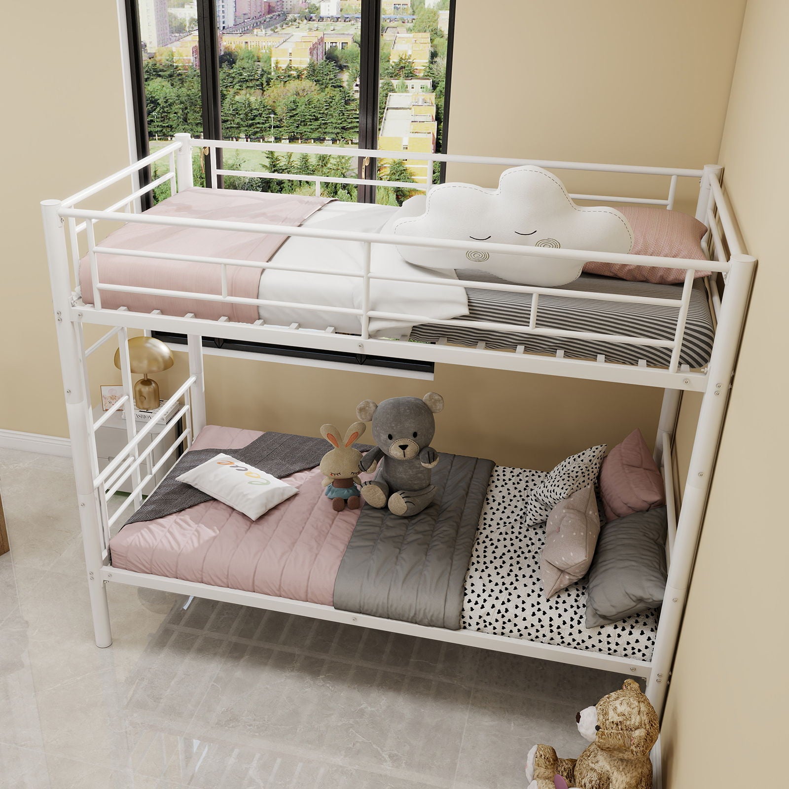 Metal Bunk Bed For Kids, Convertible Bedframe With Ladders &amp; Guardrail