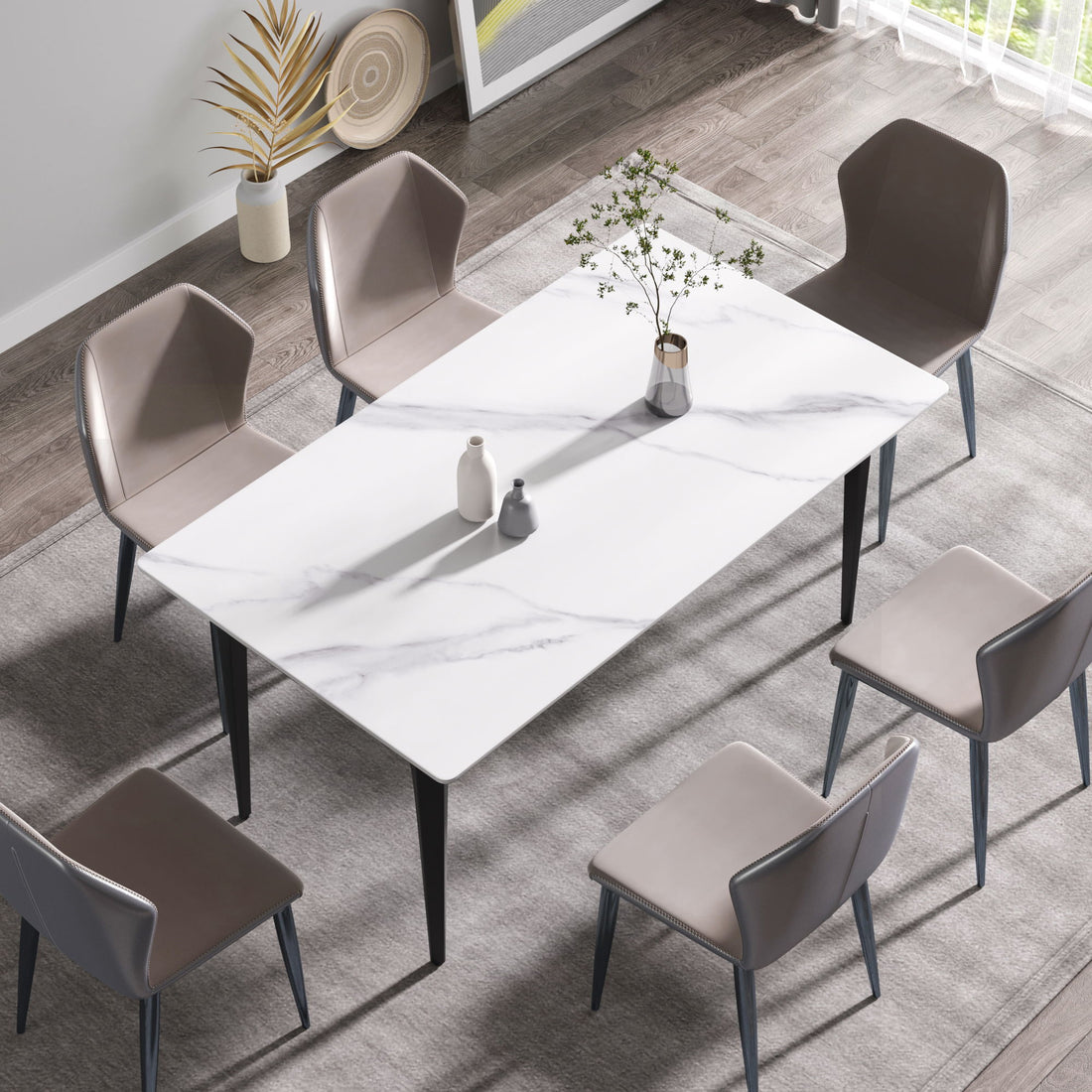 63&quot; Modern Artificial Stone White Straight Edge Black Metal Leg Dining Table, 6 People - White / Black