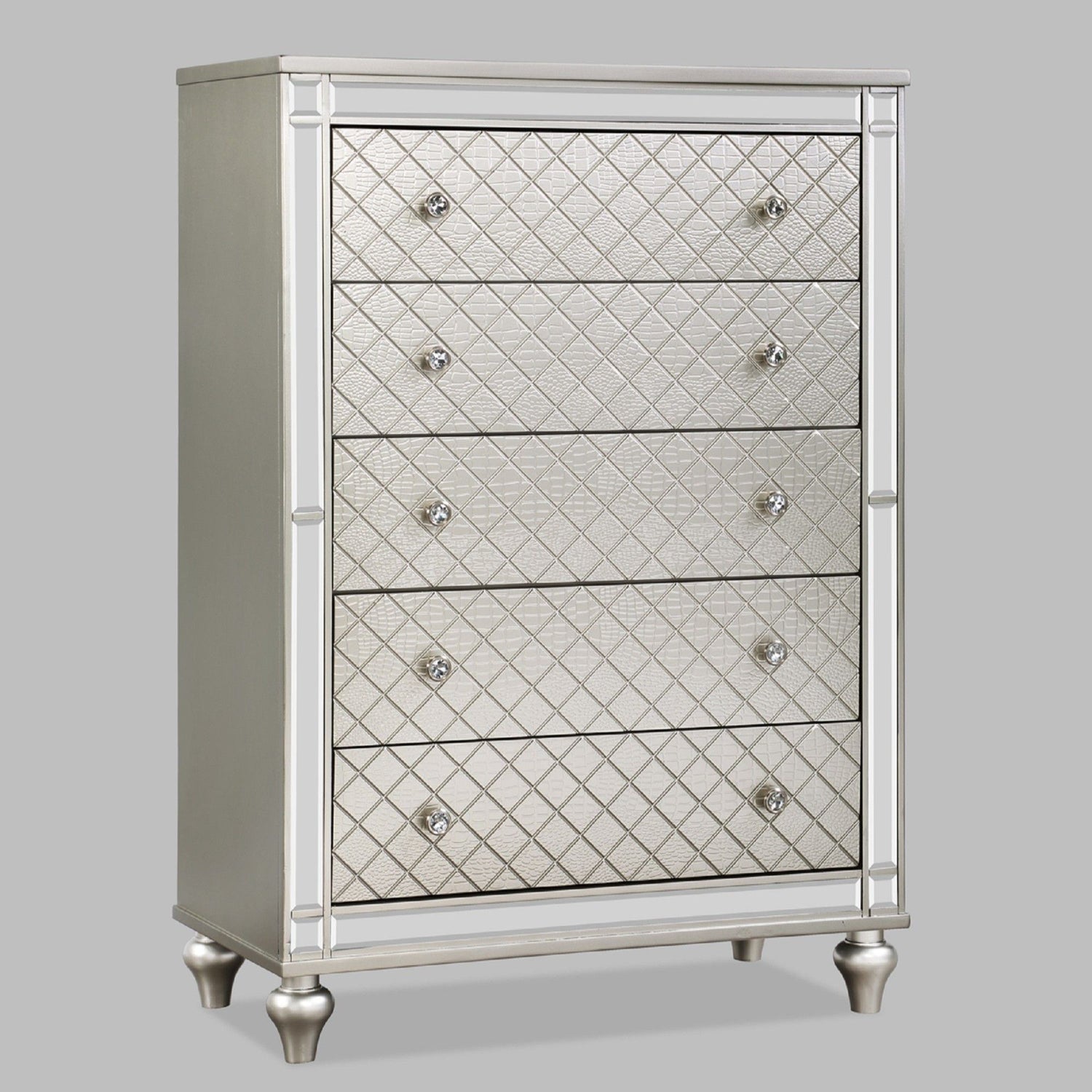 5 Drawer Bedroom Chest With Diamond Patterned Fronts - Silver