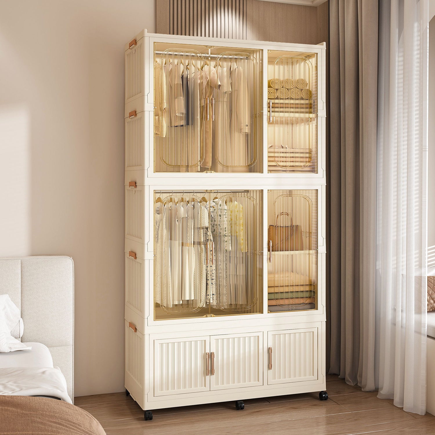Portable Wardrobe Closet Storage Organizer For Clothes, 9 Magnetic Doors With 9 Cubes &amp; 2 Hanging Rods, 6 Hangers - Cream White