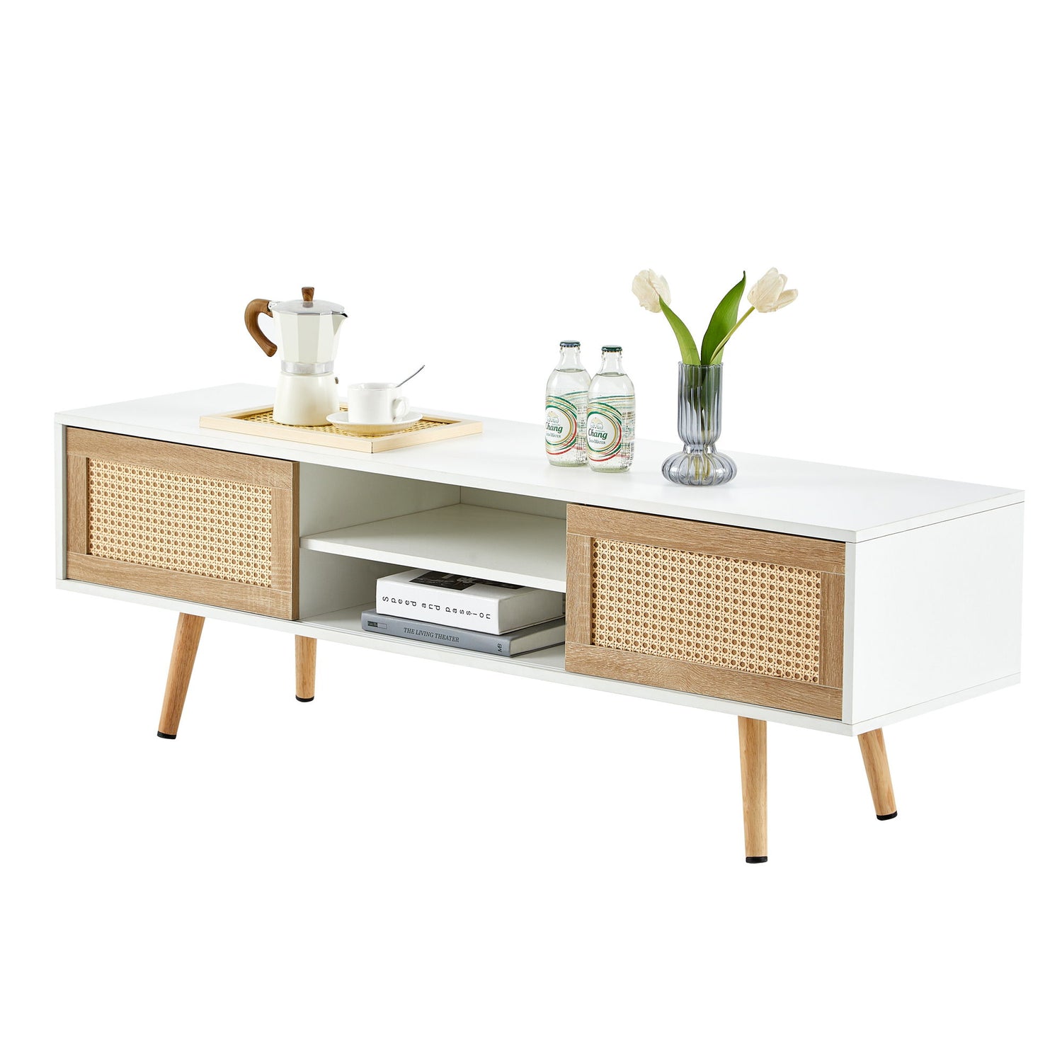 55.12&quot; Rattan TV Cabinet, Double Sliding Doors For Storage, Adjustable Shelf, Solid Wood Legs, TV Console For Living Room