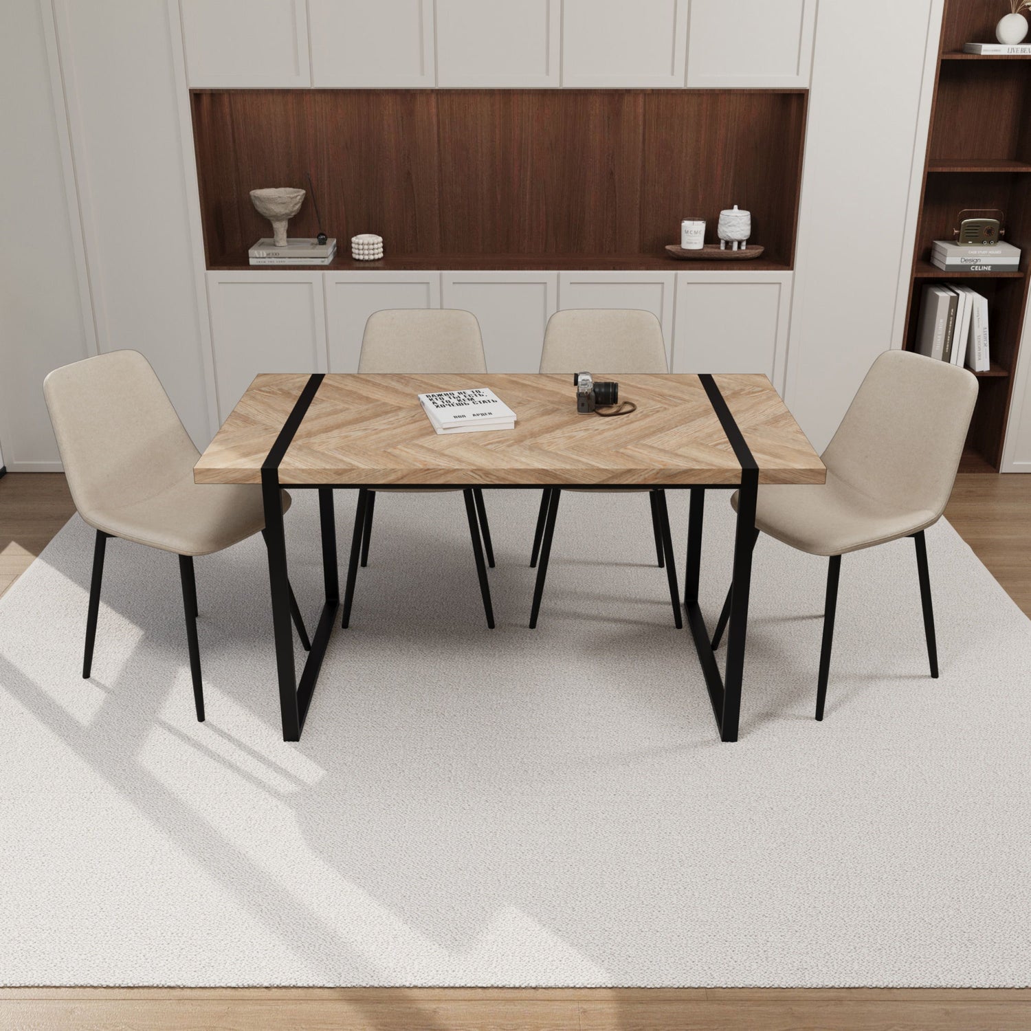 Modern Dining Table &amp; Suede Chair Set WIth Rectangular Metal Base