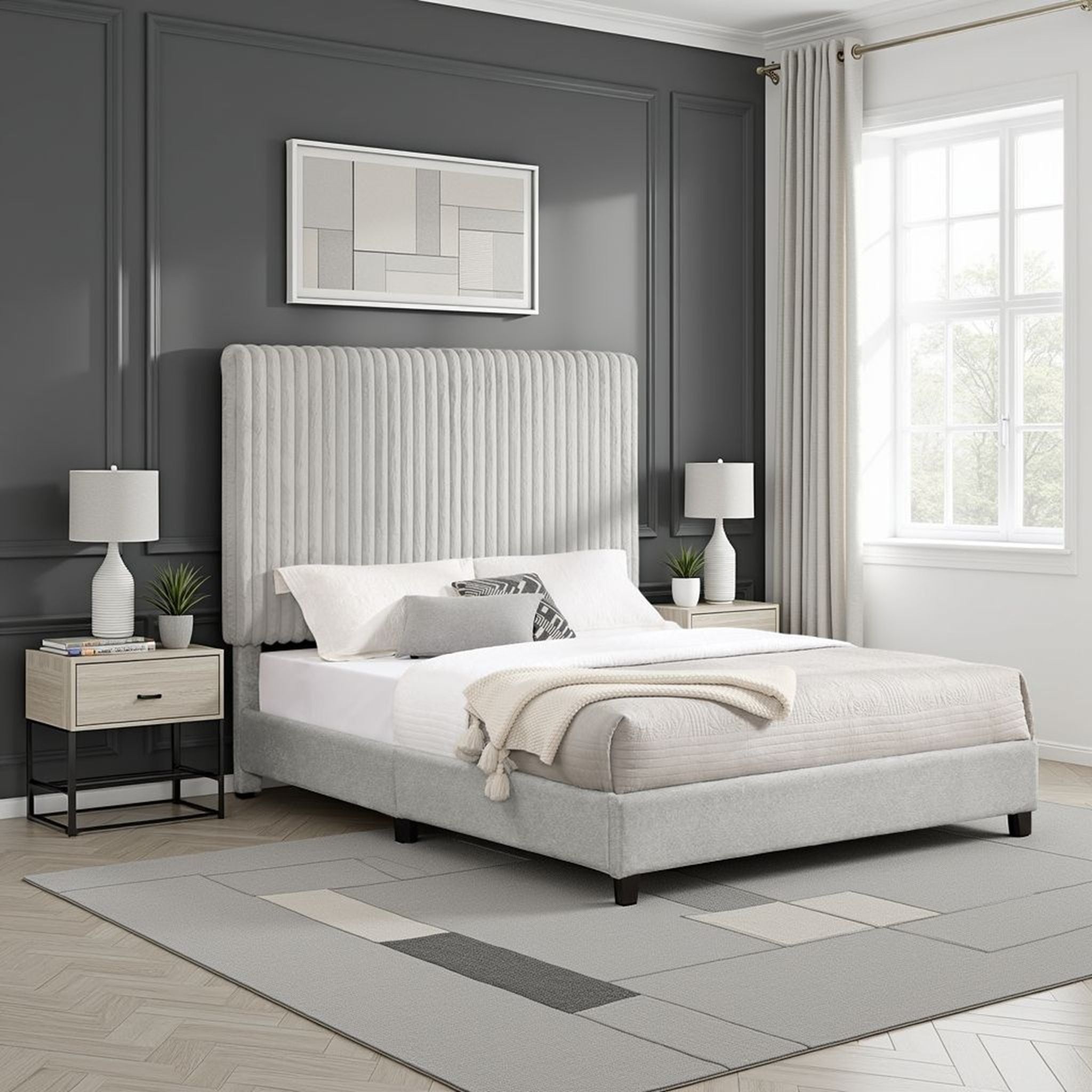 Queen Size Minky Stone Upholstered Platform Bed