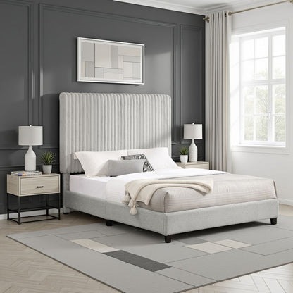 Queen Size Minky Stone Upholstered Platform Bed