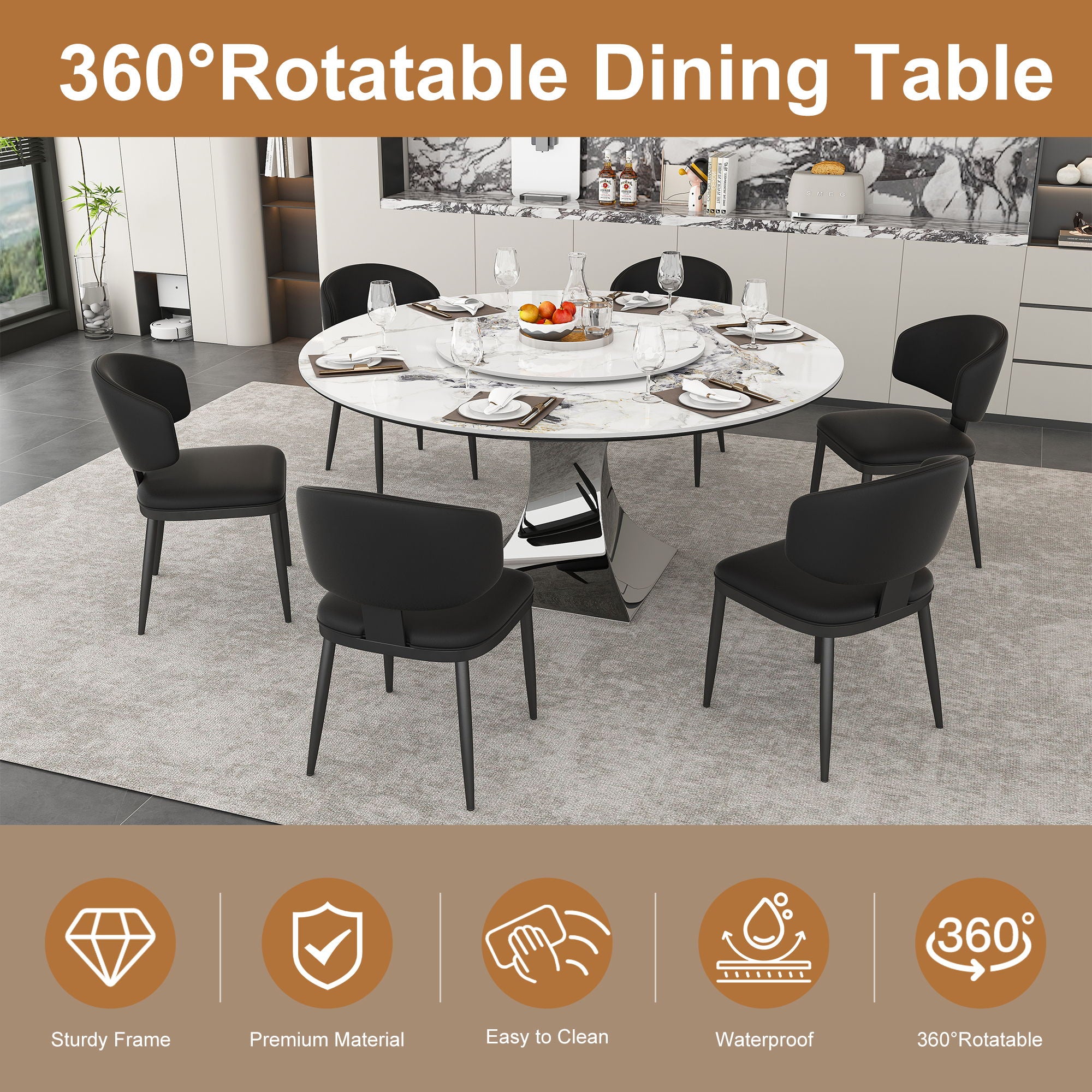 Round Dining Table &amp; 6 Chairs Set - Silver