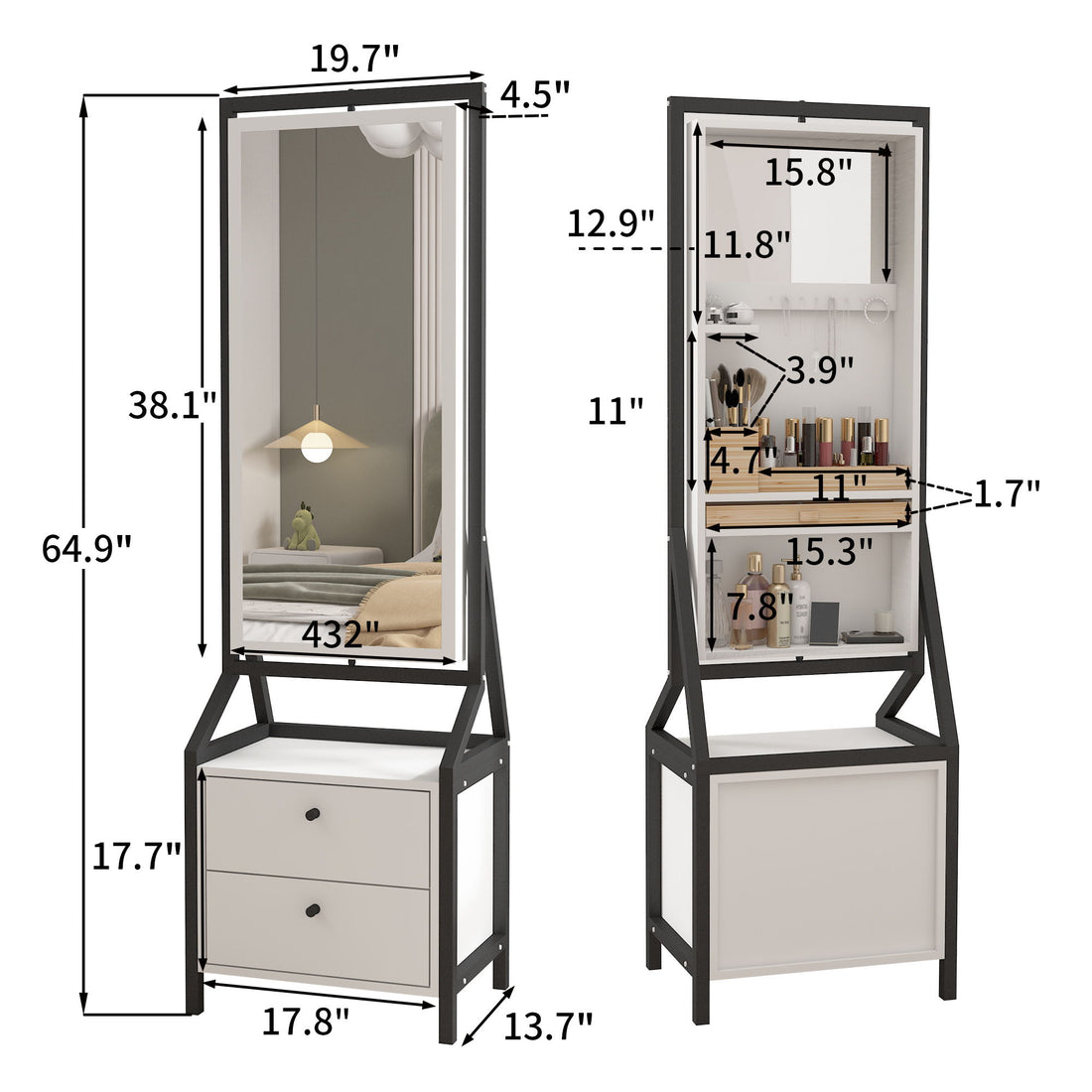 Modern Design Rotating Floor Standing Mirror Closet &amp; Spacious Storage Area - White