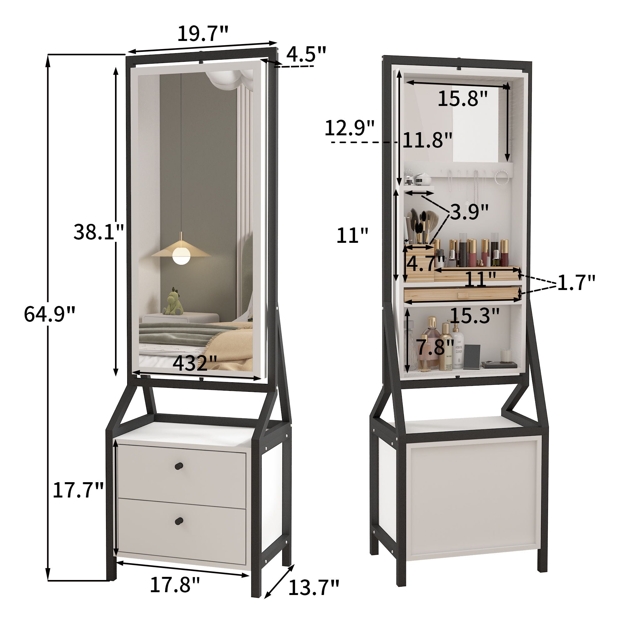 Modern Design Rotating Floor Standing Mirror Closet &amp; Spacious Storage Area - White