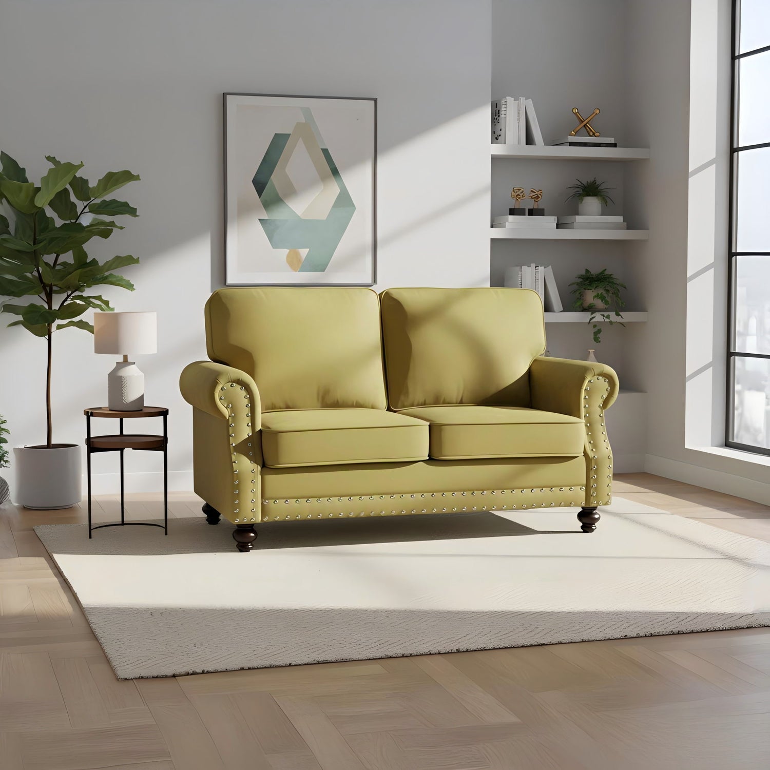 Loveseat Sofa With Nailhead Detail &amp; Turned Legs, 2 Seater Upholstered Couch