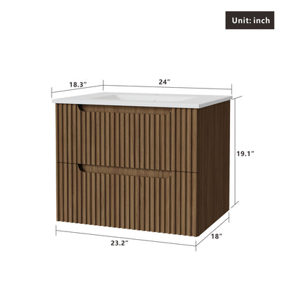 24&quot; Wall Mount Bathroom Vanity Cabinet With - White Basin Sink Combo Floating - Walnut