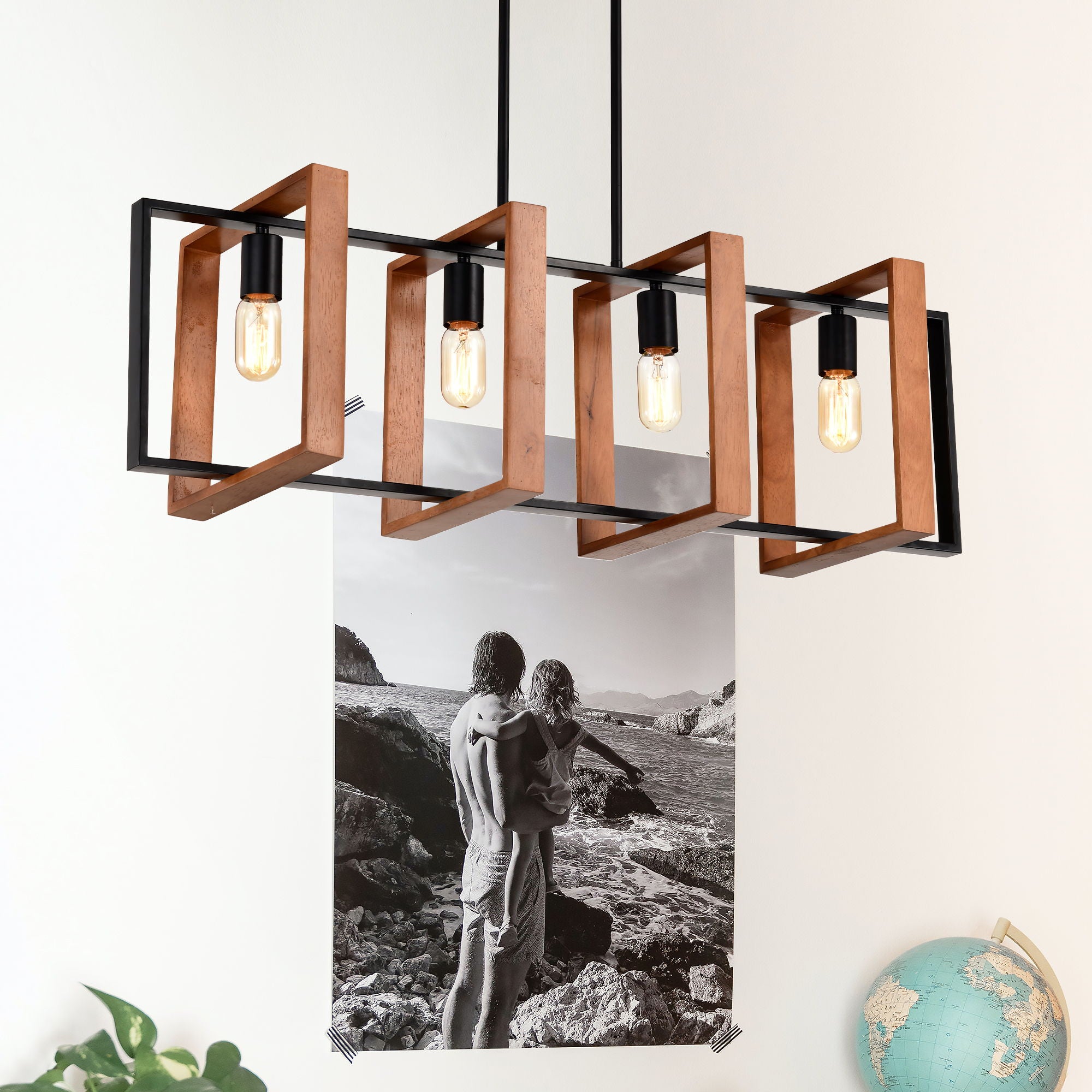 4 Light Kitchen Island Lights Pendant Light Farmhouse Dining Room Light Fixture, Rectangular Chandelier, 36&quot; Hanging Lighting For Living Room, Conference Room, Home Office - Matte Black