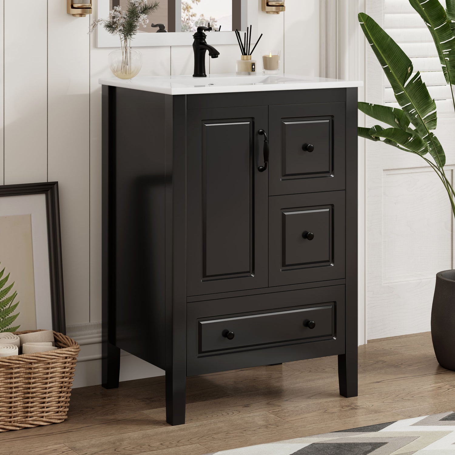 Retro Bathroom Vanity With Sink, Soft Closing Cabinet &amp; Drawers