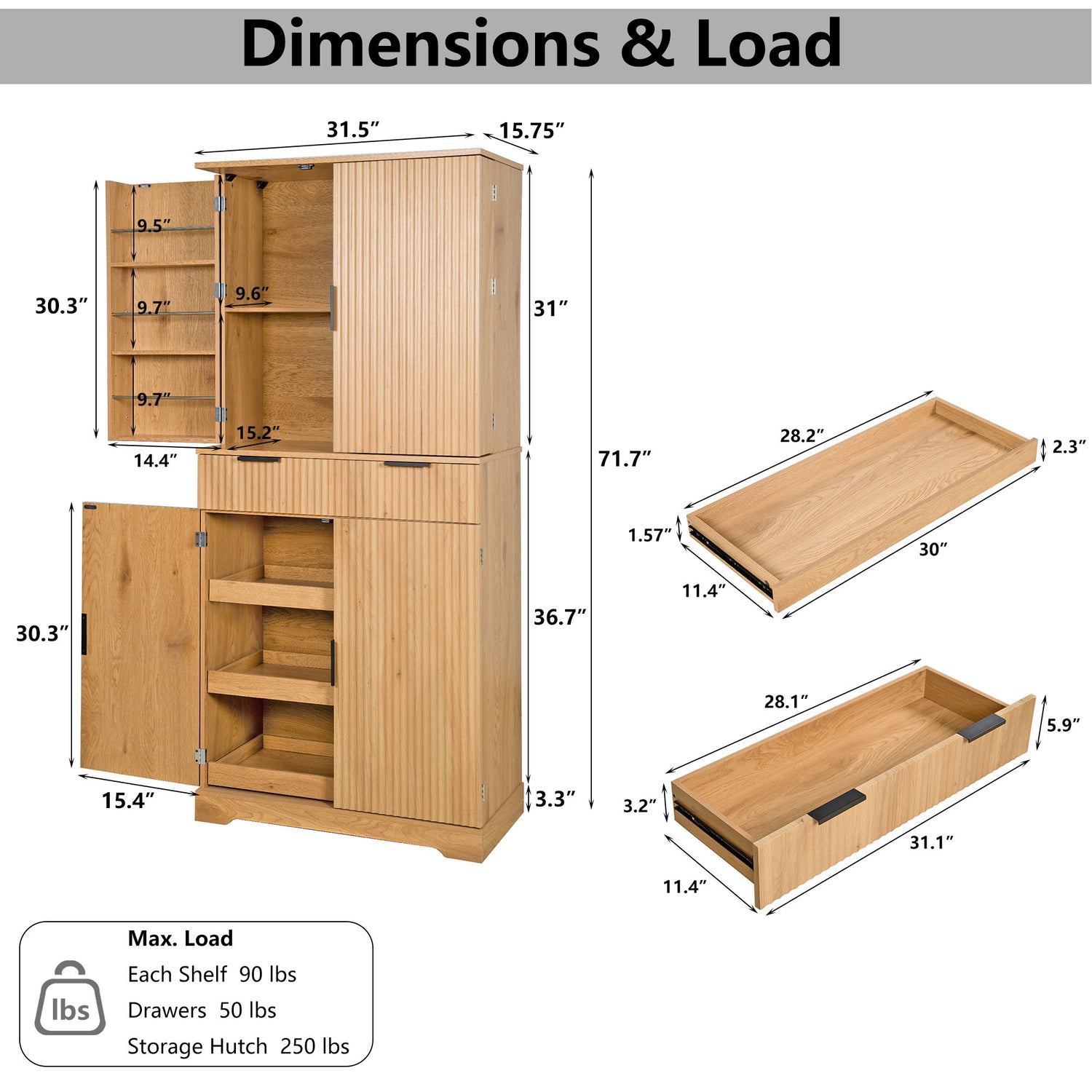 Fluted Kitchen Pantry Cabinet With 3 Keyboard Drawers &amp; 6 Door Shelves Adjustable