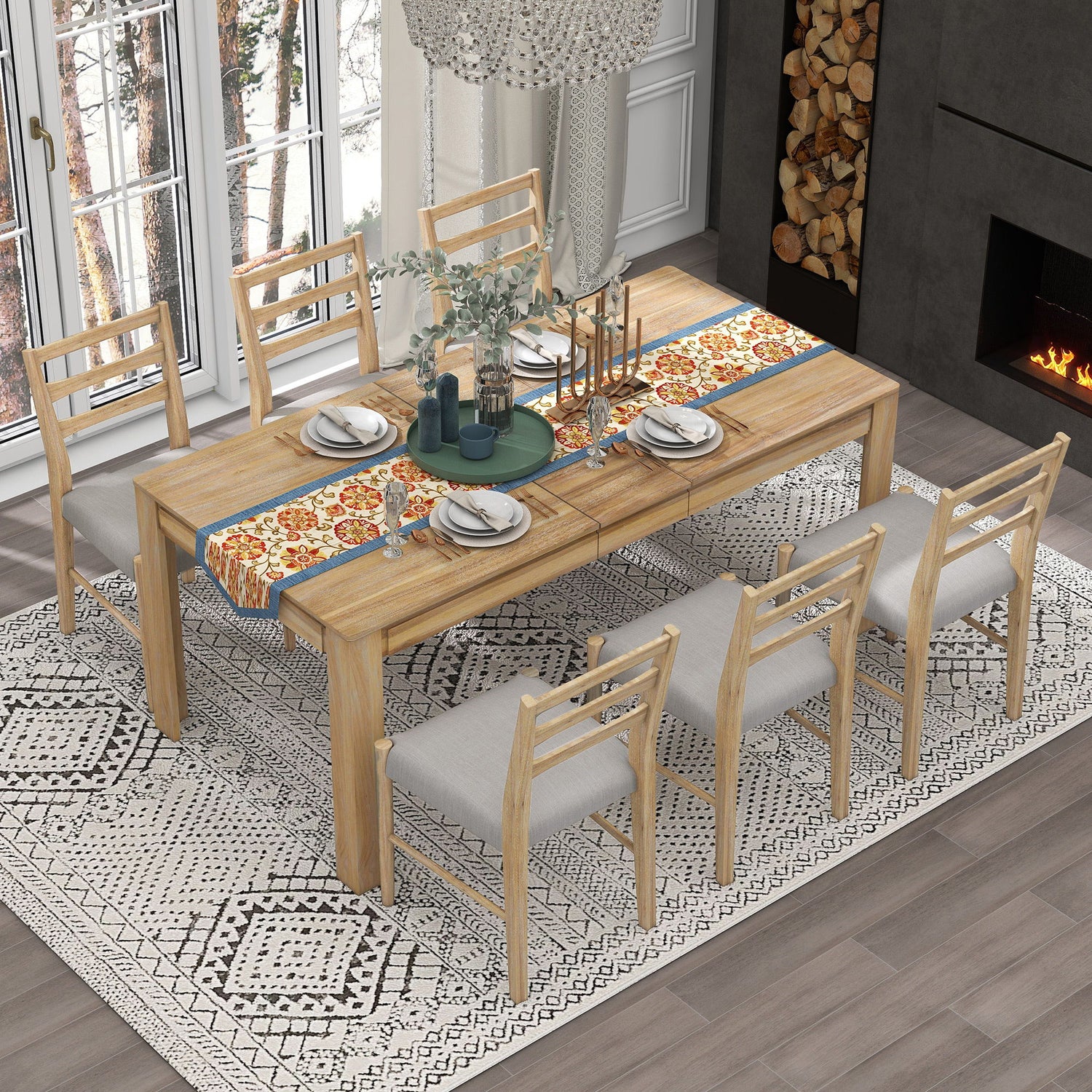 7 Piece Dining Set With Extendable Table, 2 Drawers &amp; 6 Upholstered Chairs