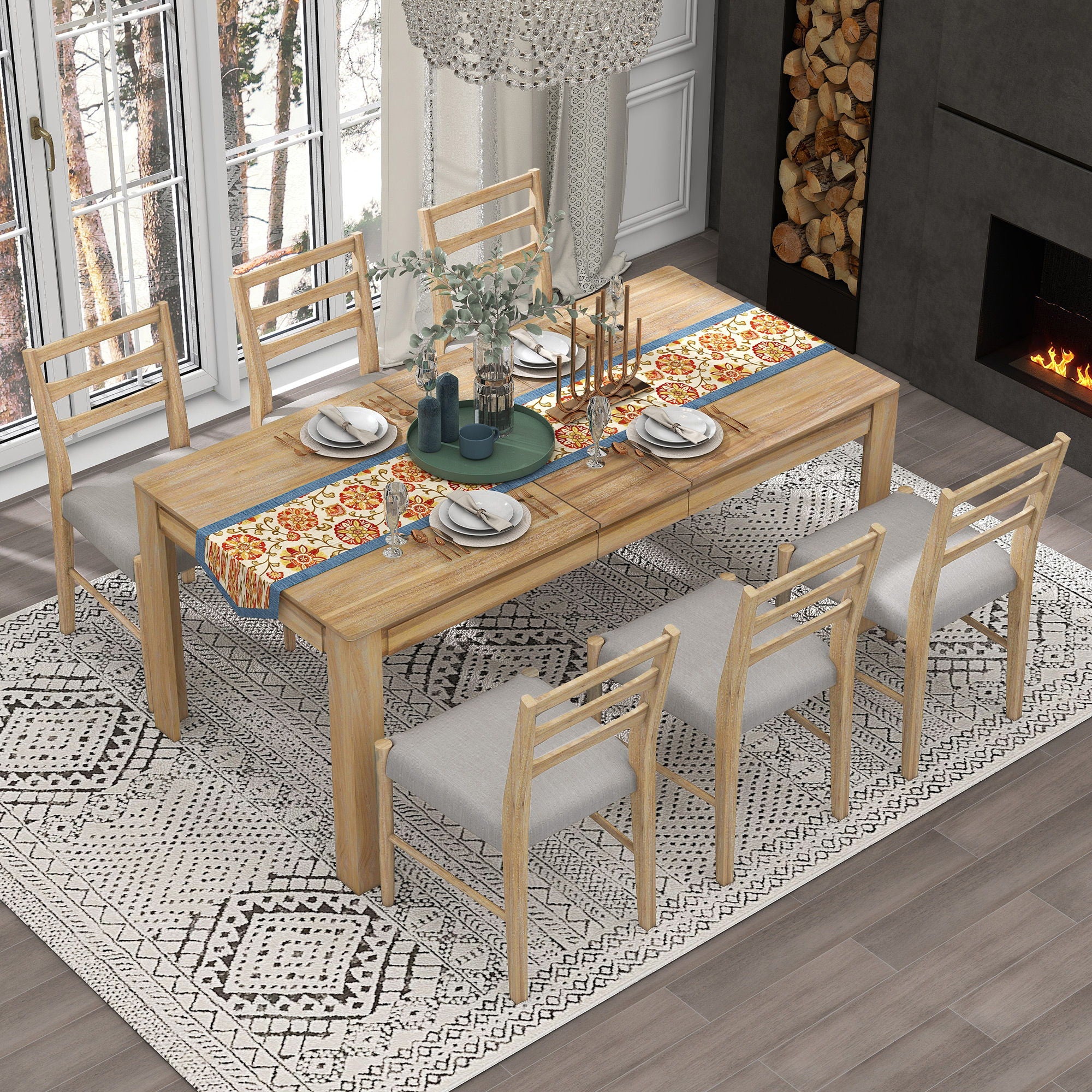 7 Piece Dining Set With Extendable Table, 2 Drawers &amp; 6 Upholstered Chairs
