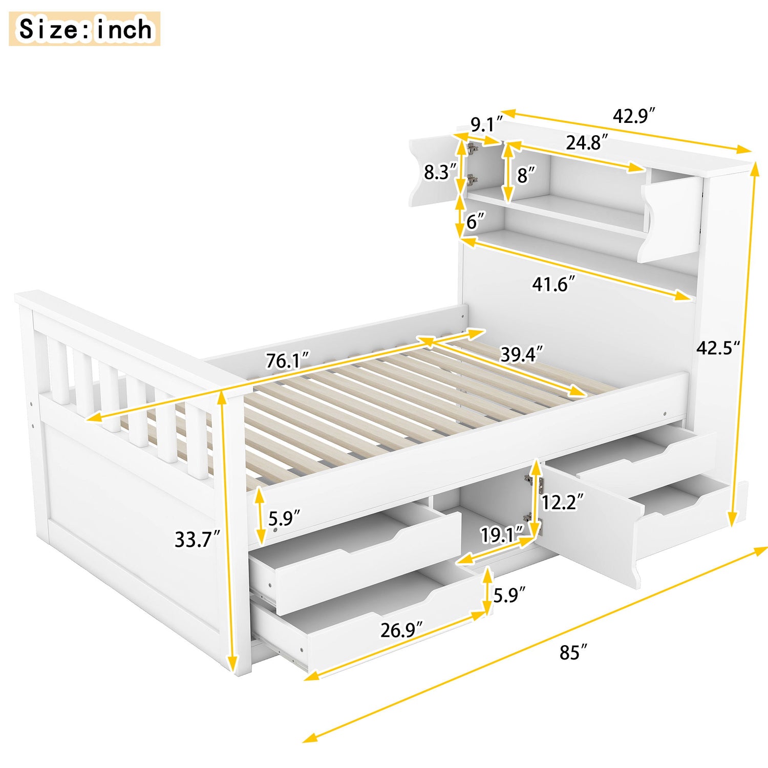Captain Platform Bed Frame With Storage Bookcases, Shelves, And 4 Drawers