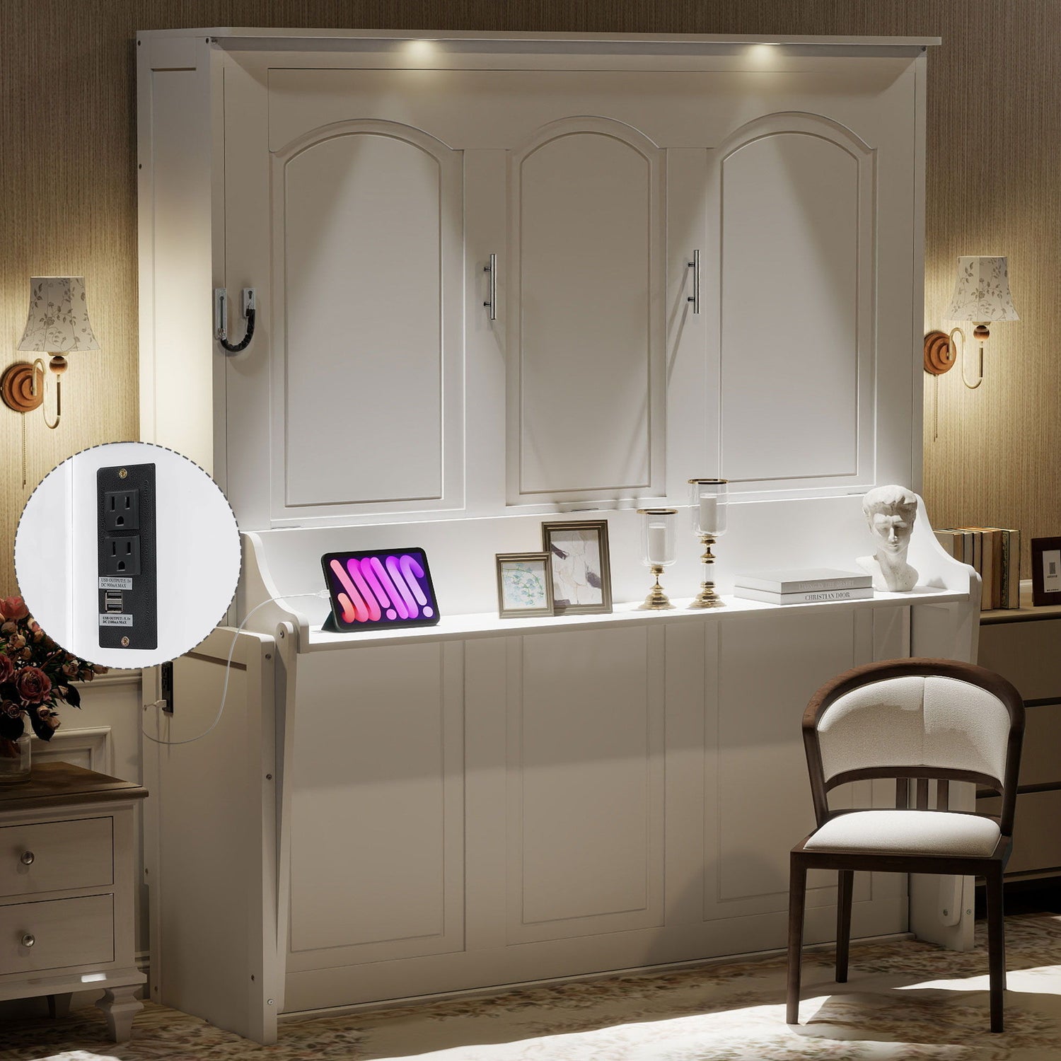 Murphy Bed With Desk, LED Lights &amp; USB Charging Station