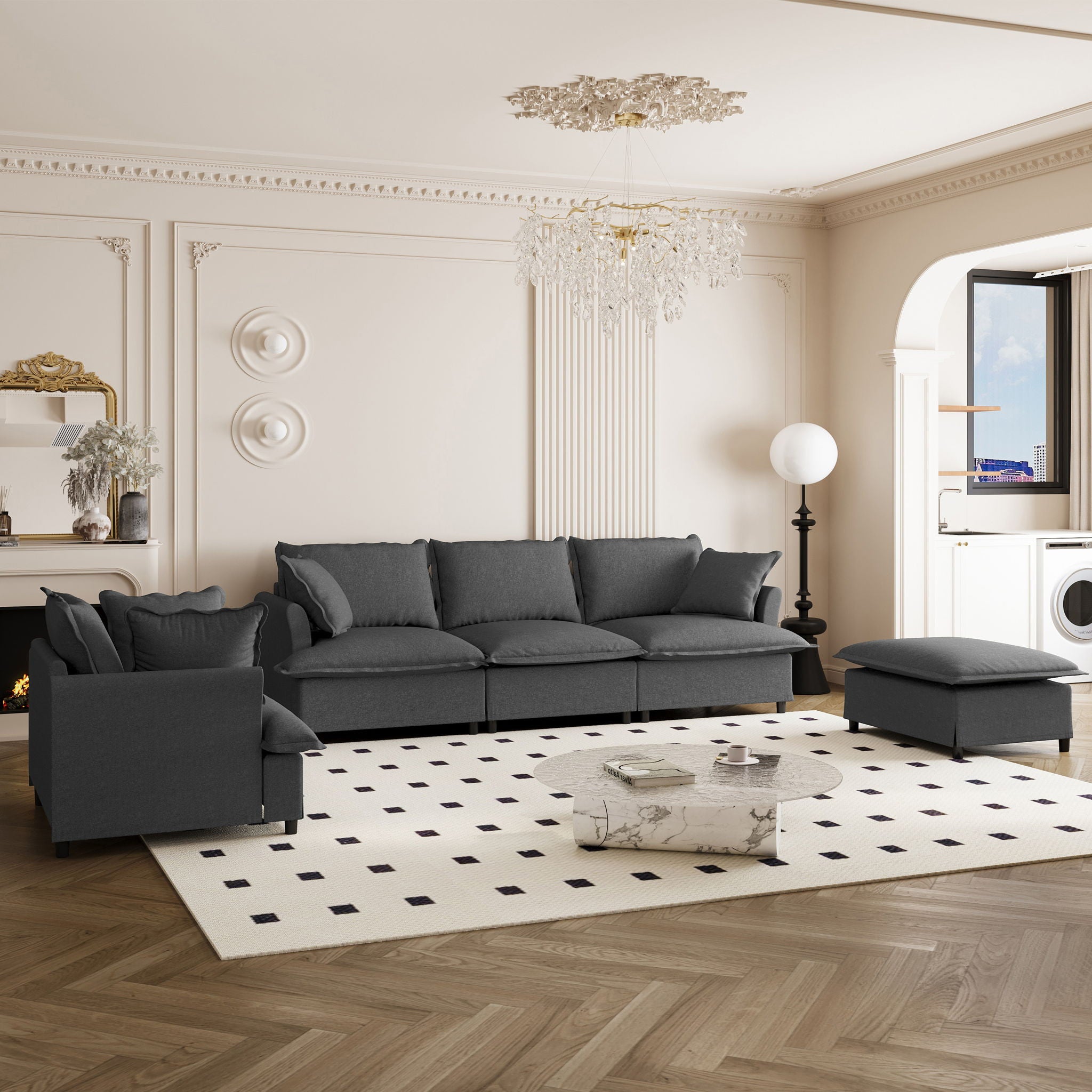 Living Room Set Modular Sectional Couch, Upholstered Sofa &amp; Armchair &amp; Movable Ottoman