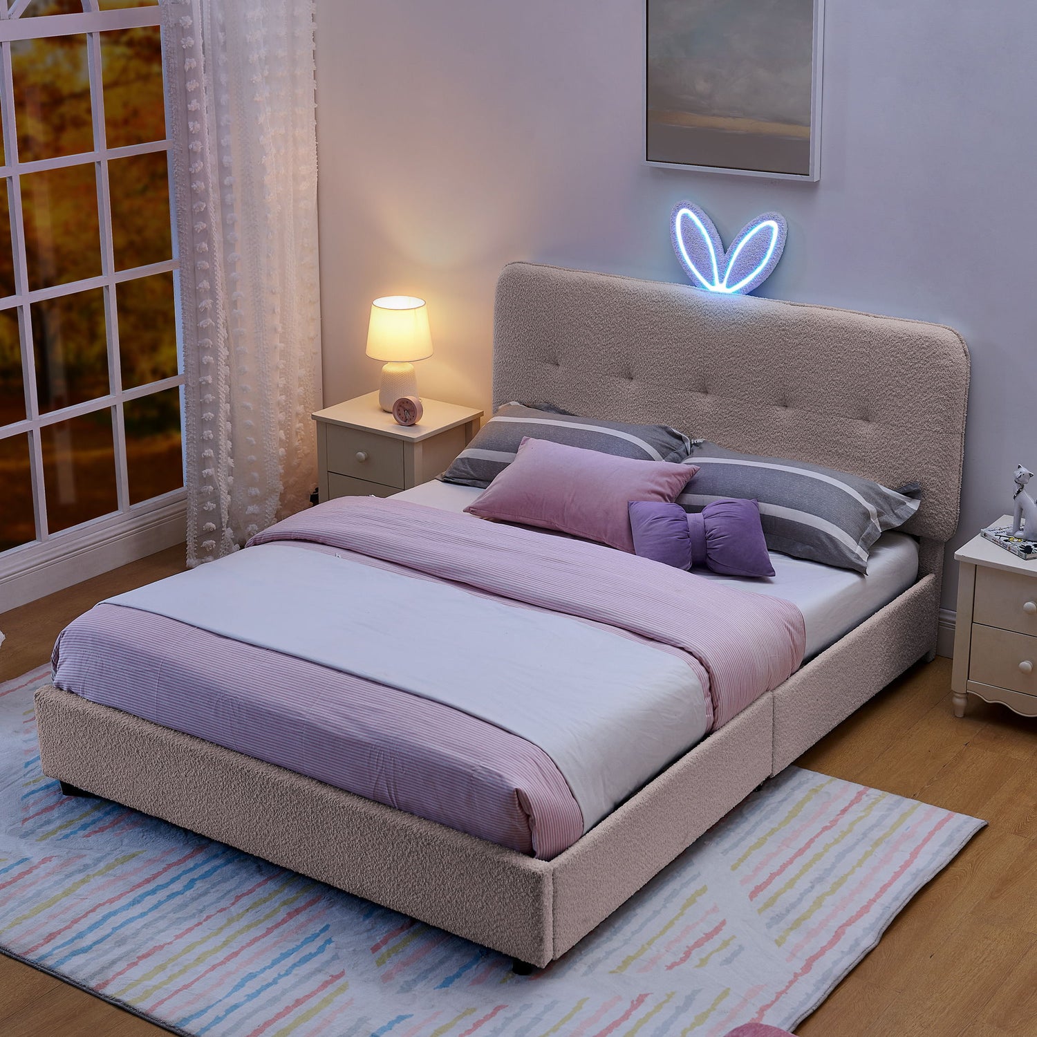 Upholstered Bed With Oversized Rabbit Ear Headboard, LED Lights &amp; 4 Storage Drawers