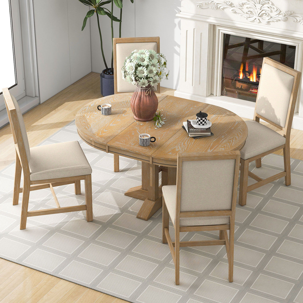Dining Set &amp; Extendable Round Table And 4 Upholstered Chairs