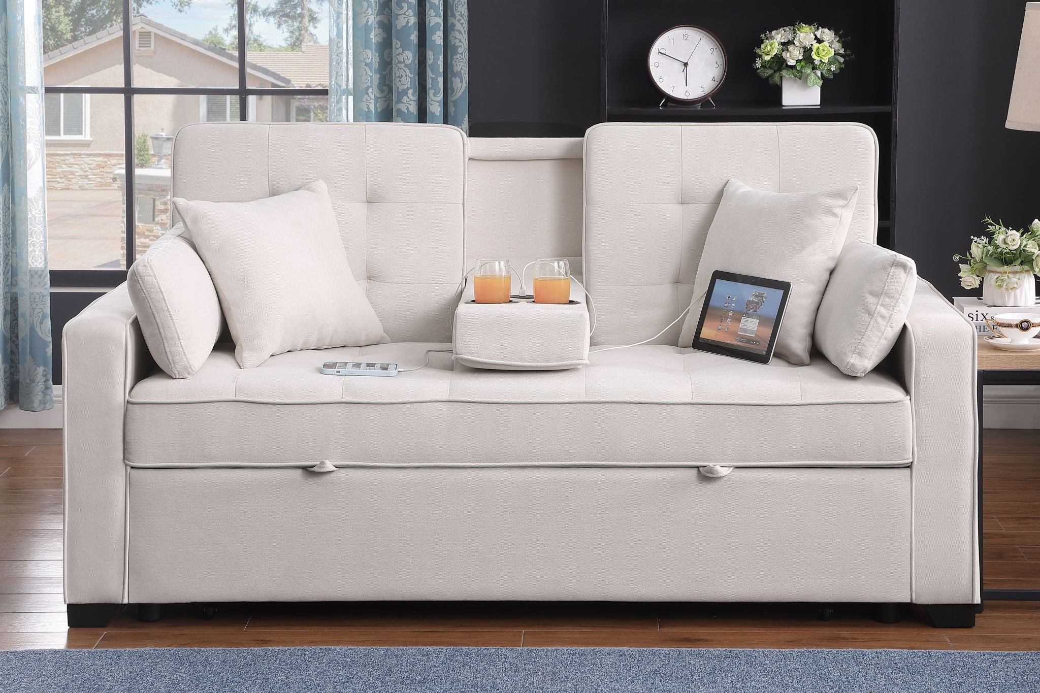 Cody II - 69.5&quot;W Woven Fabric Convertible Sleeper Loveseat with Cup Holder