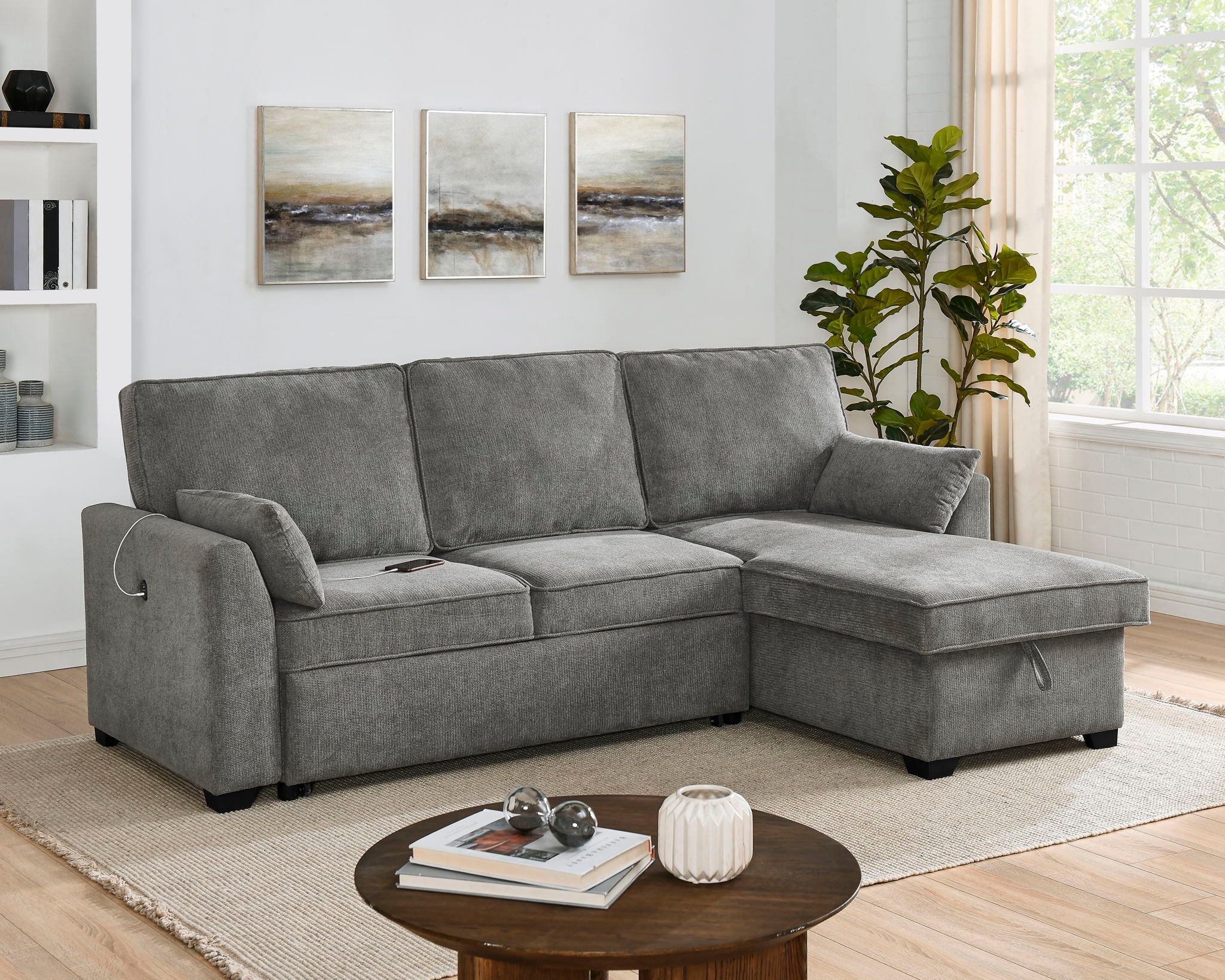 Ember - 92&quot;W Fabric Sleeper Sectional with Reversible Storage Chaise