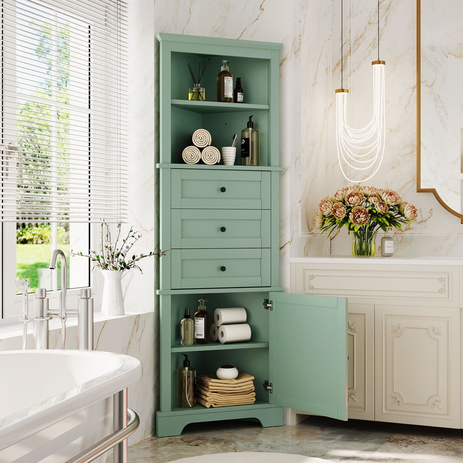 Tall Storage Cabinet With 3 Drawers And Adjustable Shelves For Bathroom