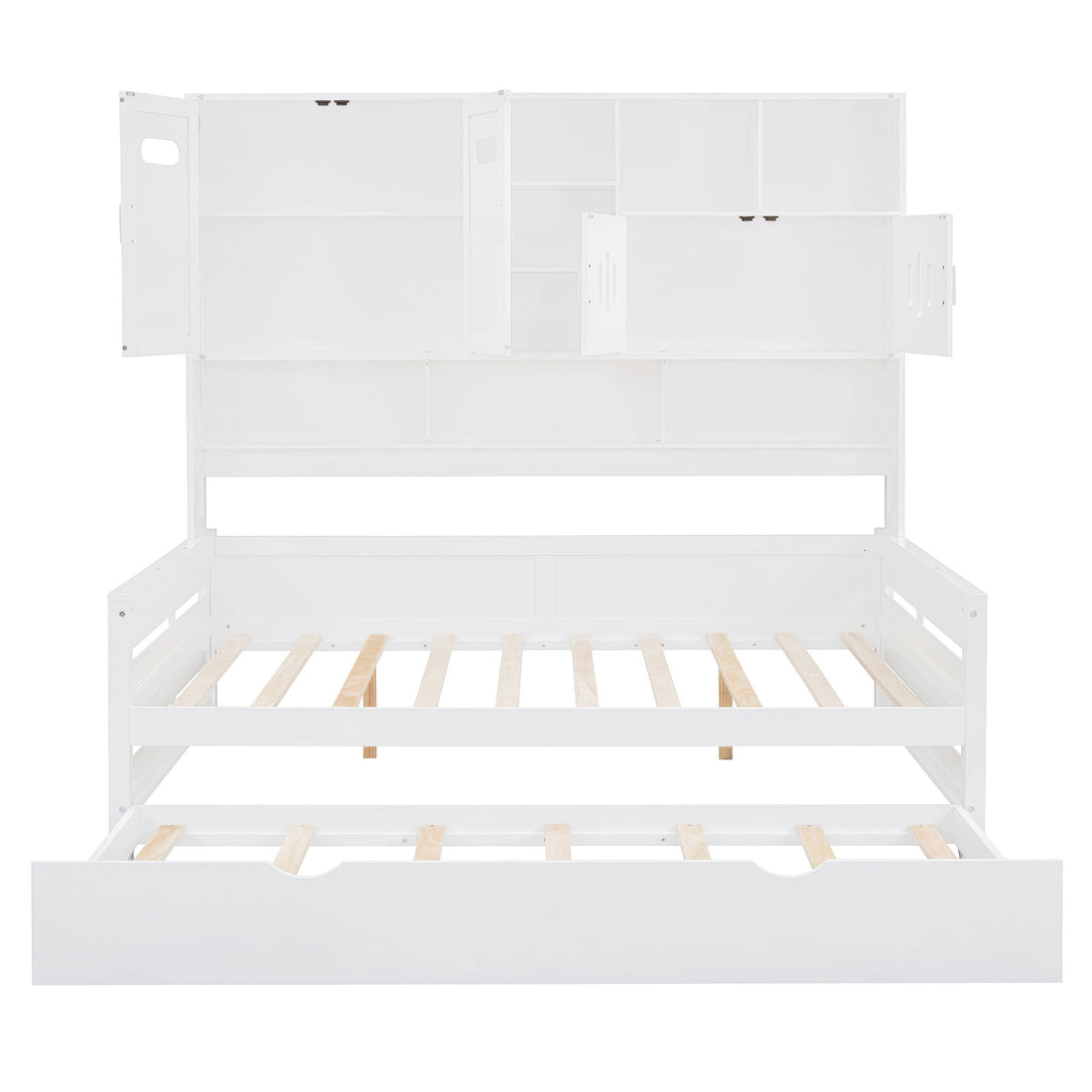 Full Size Wooden Daybed With Twin Size Trundle, And All In One Cabinet And Shelf - White