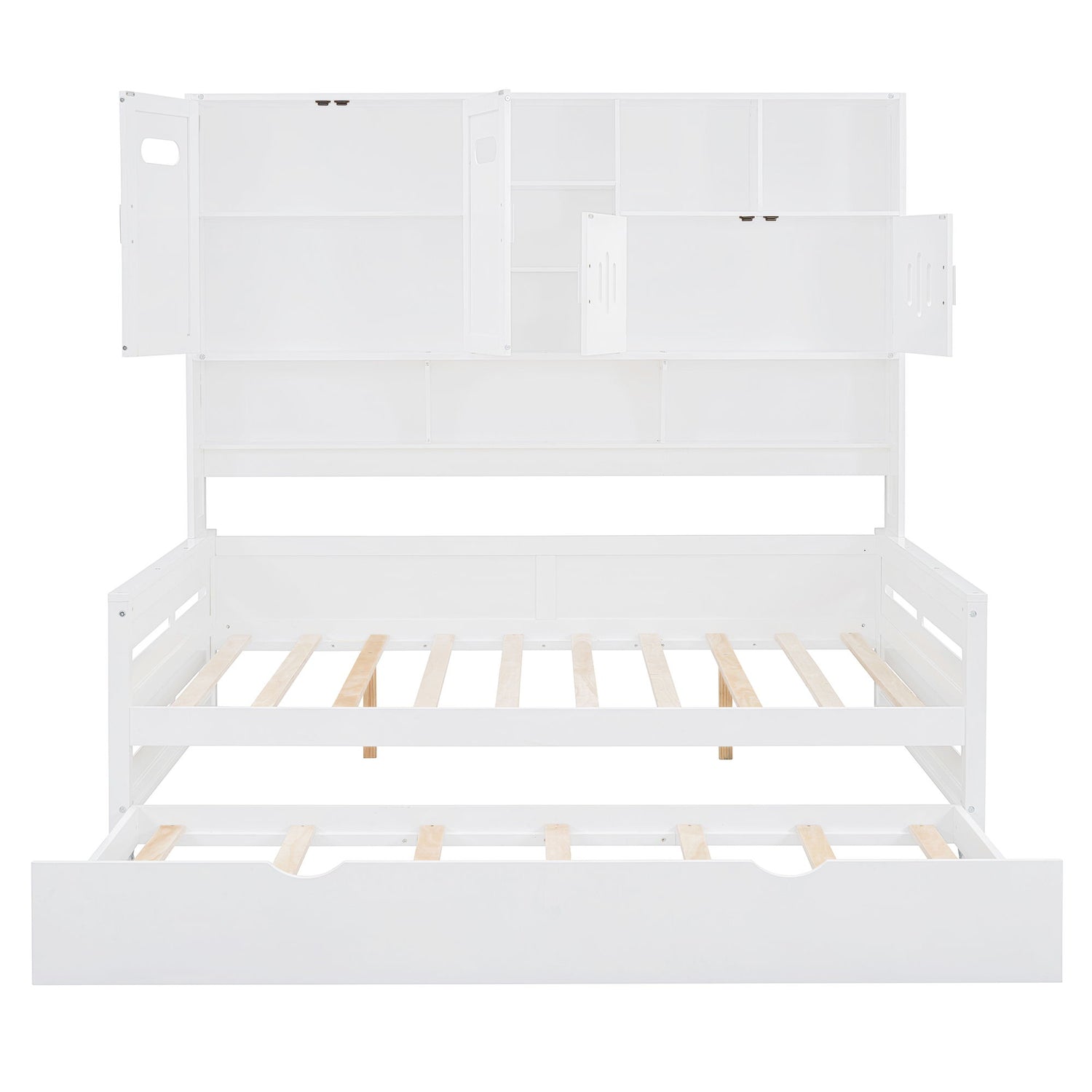Full Size Wooden Daybed With Twin Size Trundle, And All In One Cabinet And Shelf - White