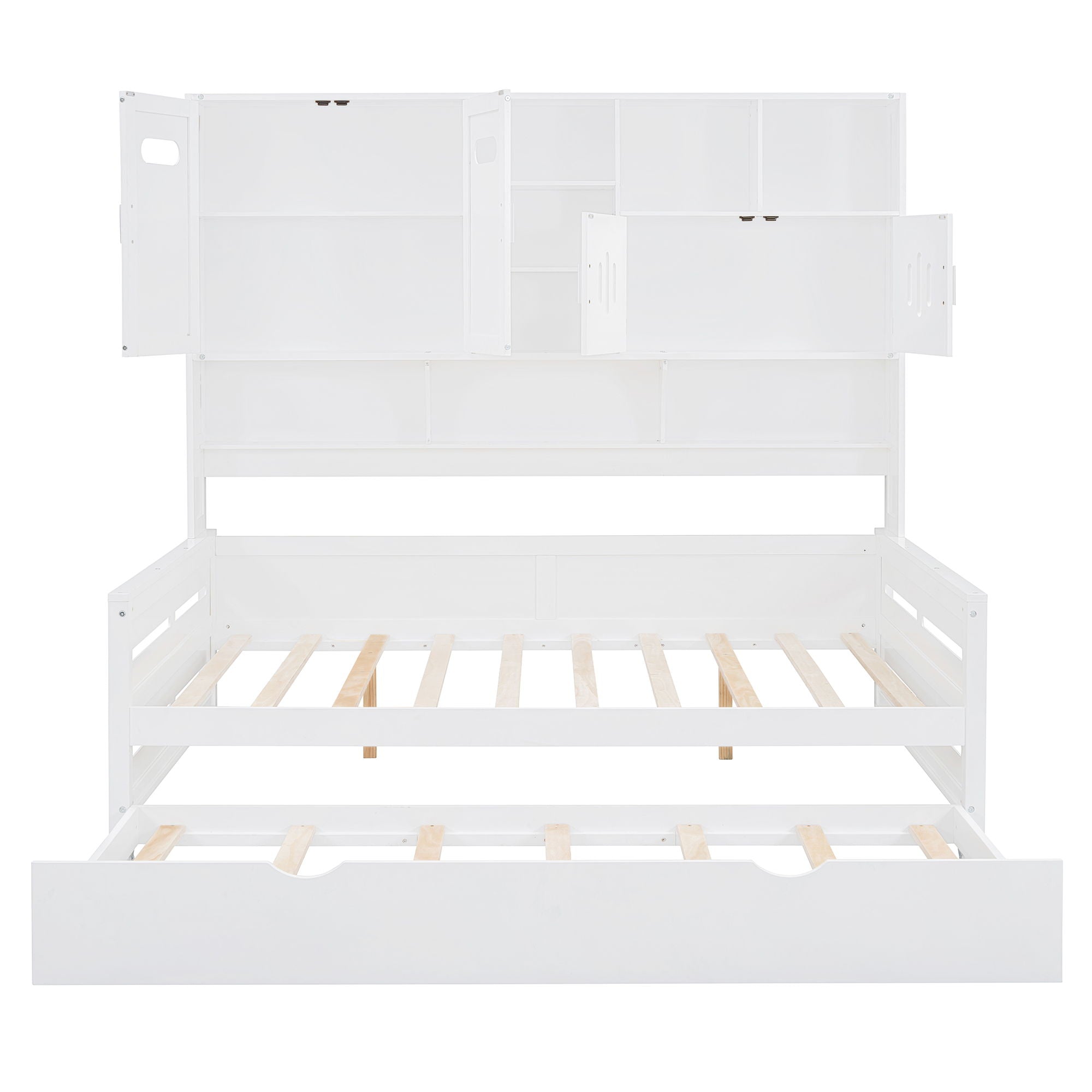 Full Size Wooden Daybed With Twin Size Trundle, And All In One Cabinet And Shelf - White